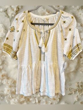 NWT Lucky Brand BoHo Style Top Off White w Green & Gold Embellishments size Sm